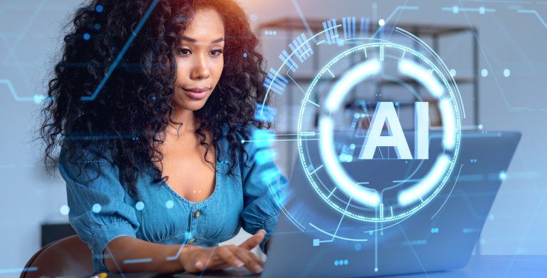 Portrait of smiling young African businesswoman using laptop in blurry office with double exposure of immersive AI artificial intelligence interface. Concept of machine learning